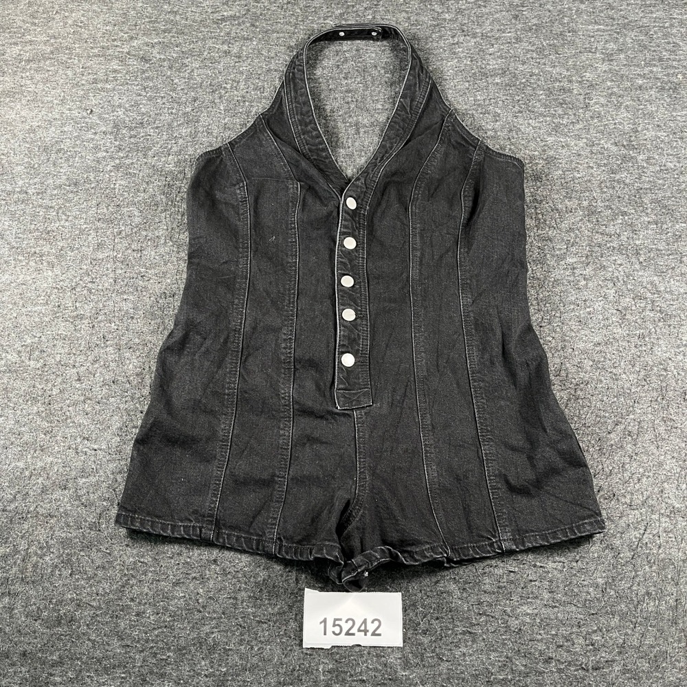 Universal Thread Romper Womens 14 Black Denim Cotton Halter Neck Button Front